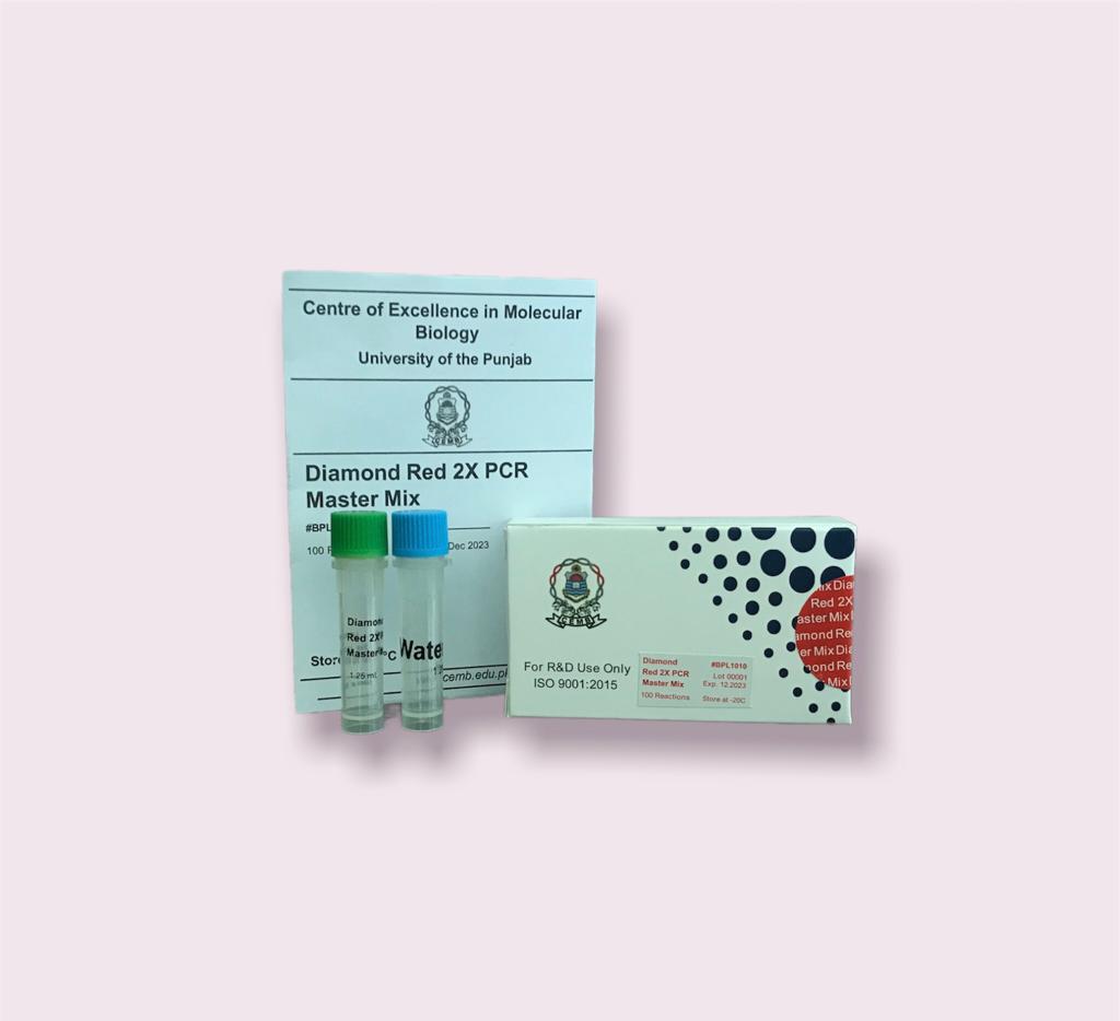 Studio presentation of CEMB Diamond Red PCR Master Mix packaging and reagent tubes