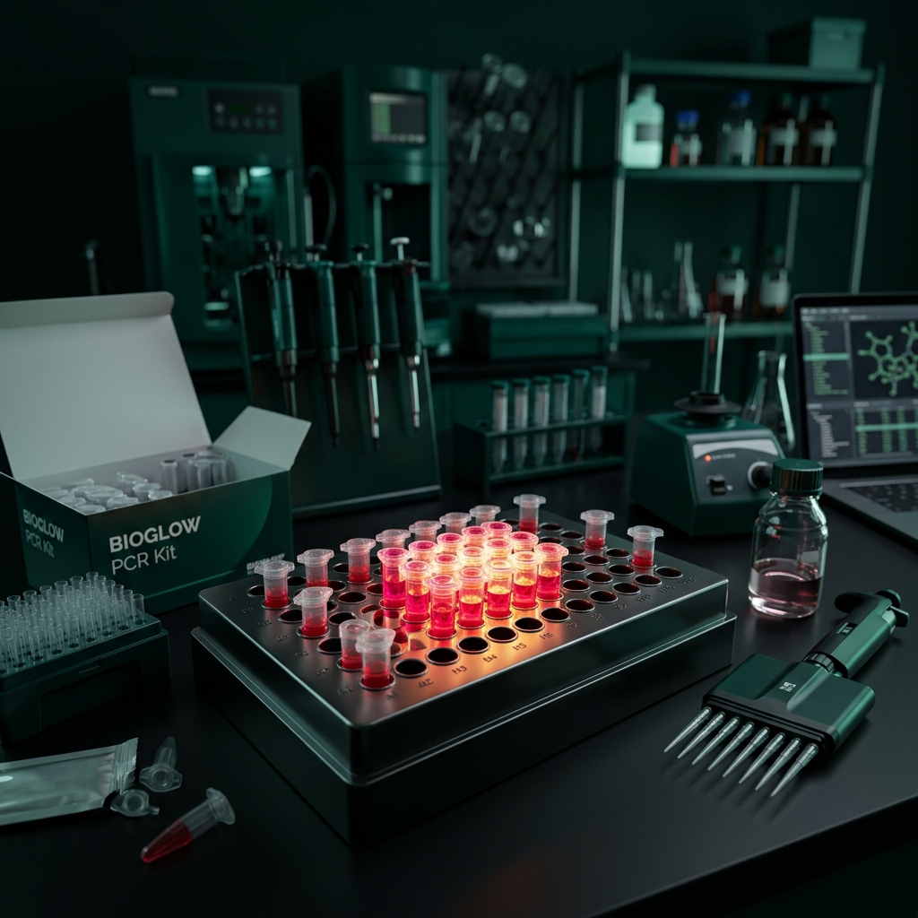 Studio presentation of CEMB Diamond Red PCR Master Mix packaging and reagent tubes