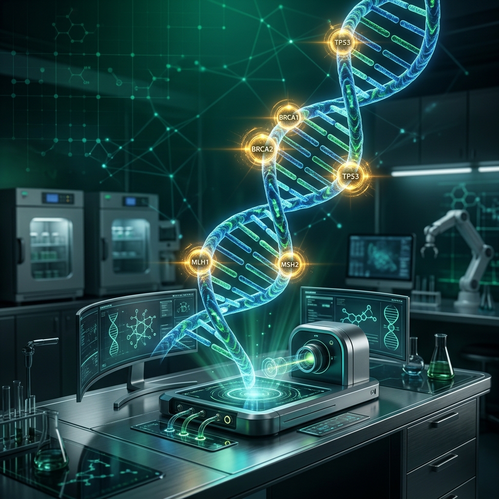 Modern molecular genetics diagnostic visual for CEMB hereditary cancer screening