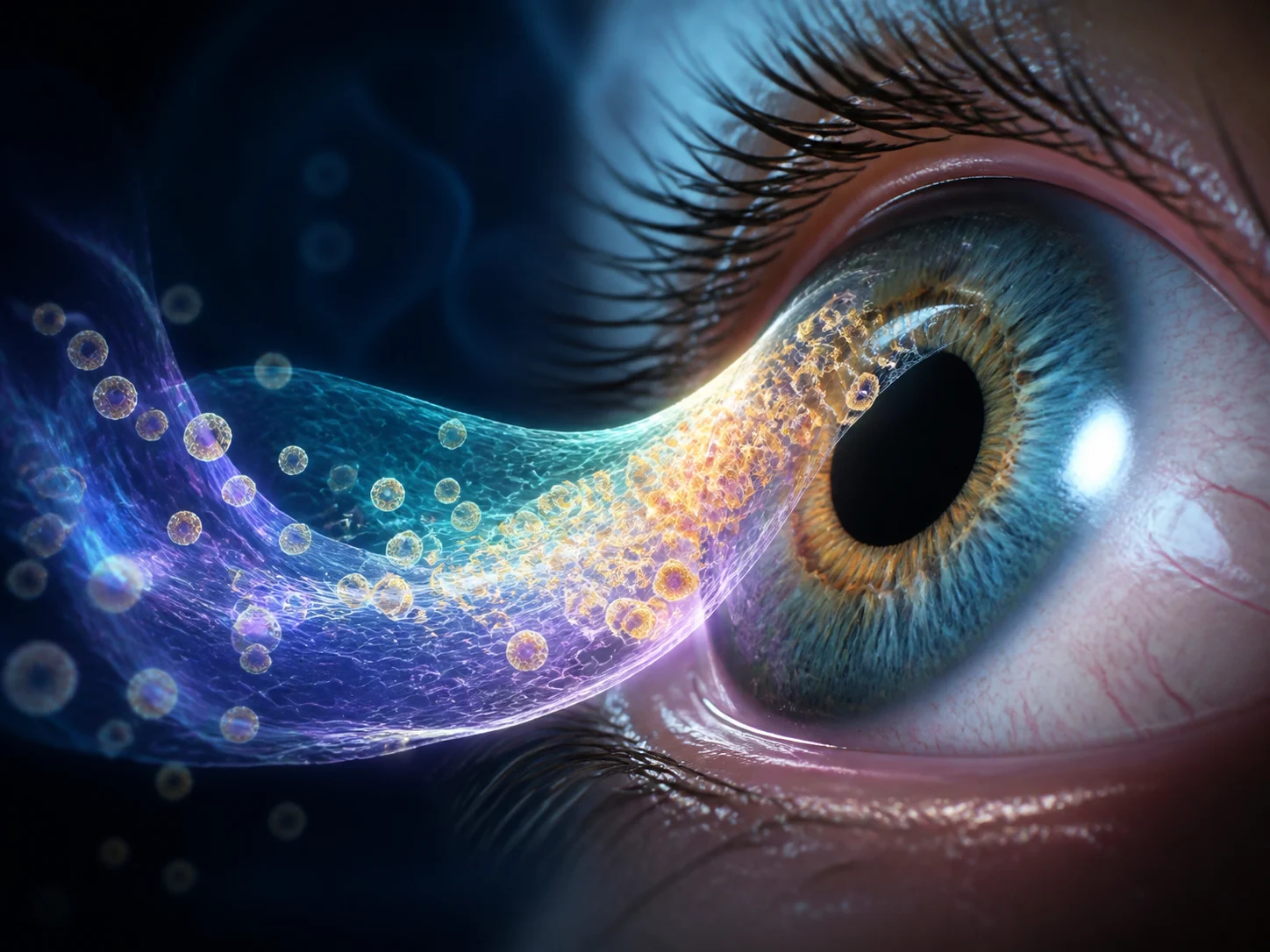 Biomedical artwork representing corneal repair with regenerative cells