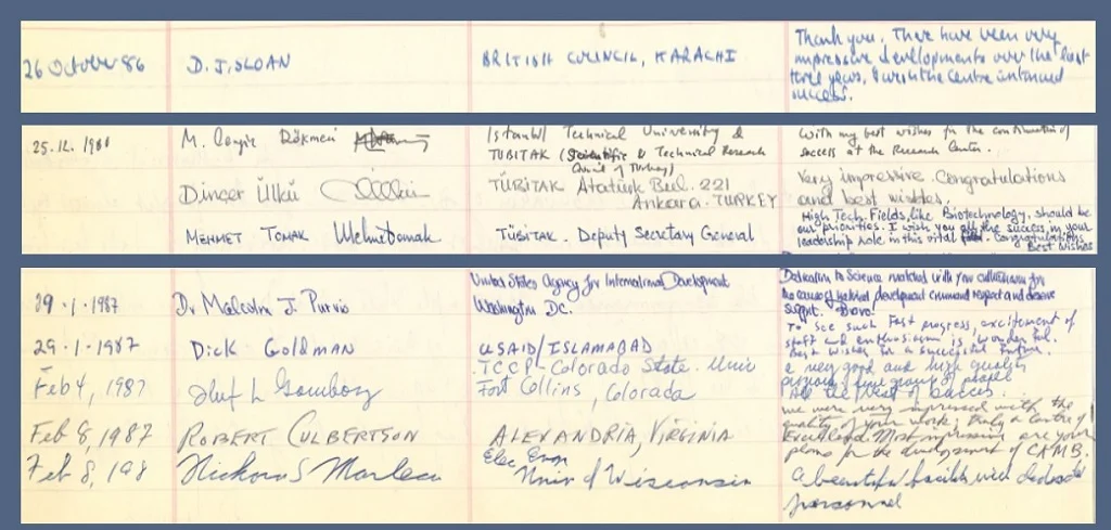 Scanned page from CEMB's visitors' book