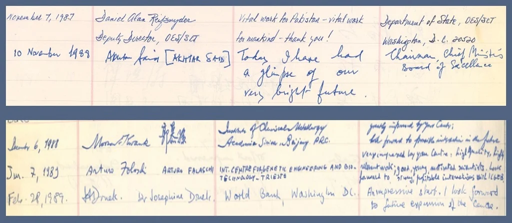 Scanned page from CEMB's visitors' book