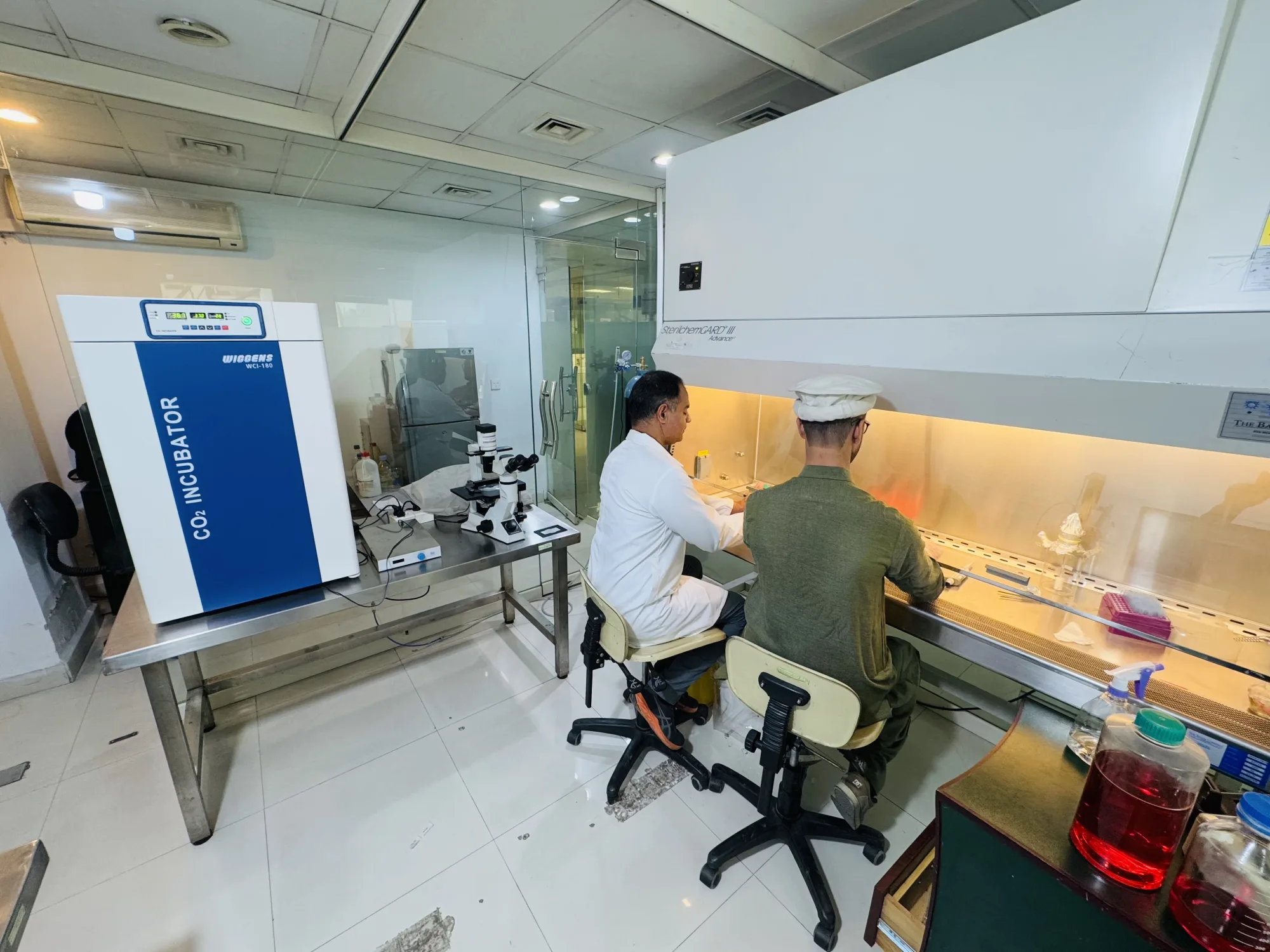 CEMB researchers working at a biosafety cabinet
